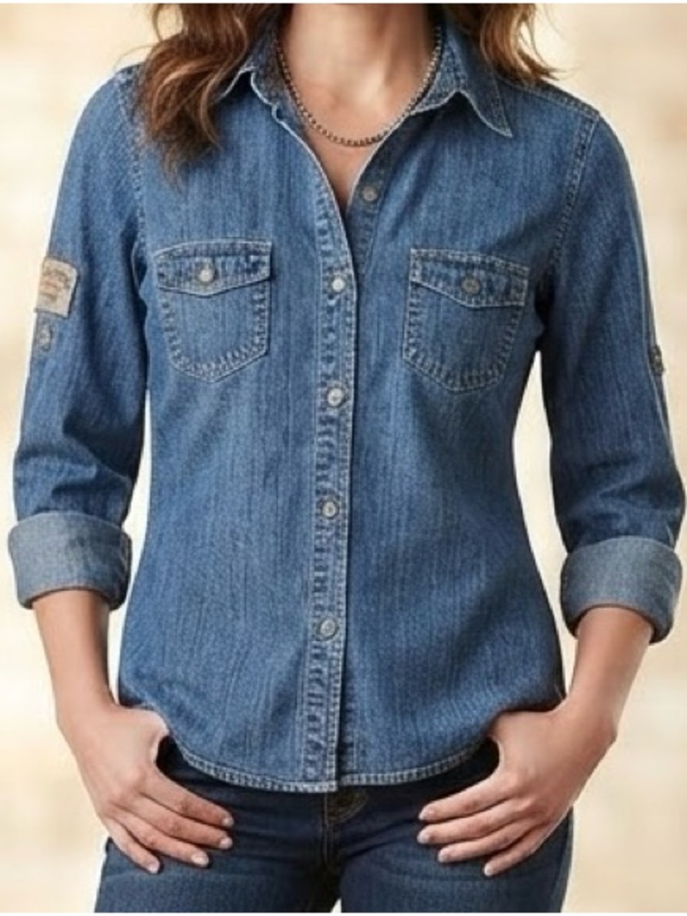 Harley-Davidson Women's Blue Denim Button-Down Long Sleeve Shirt Top Patch Size